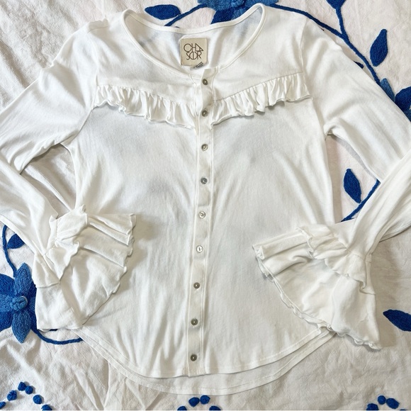 Chaser White Ruffle Button-Up Women's Knit Top M - Picture 5 of 8